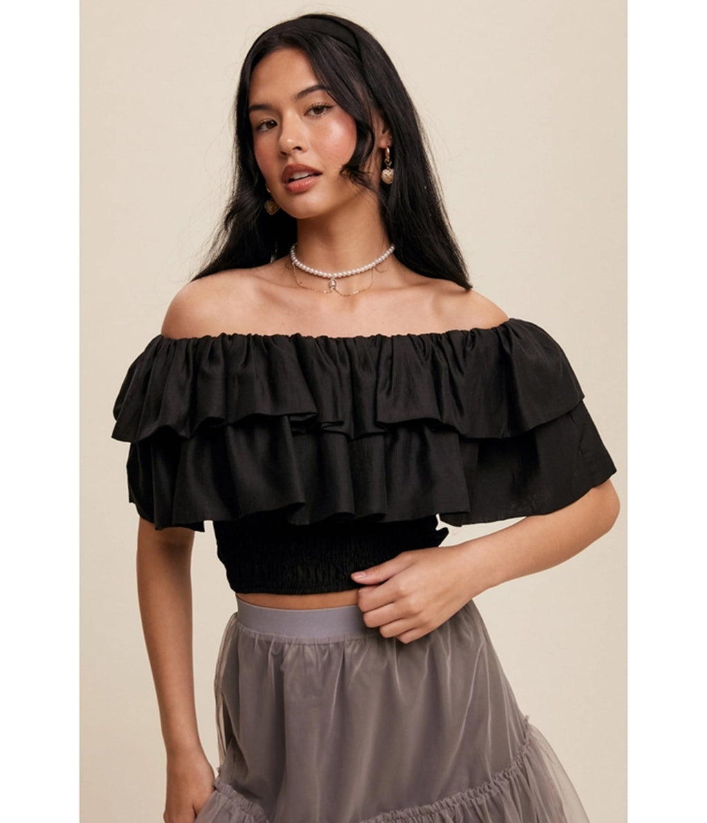 Black Tiered Ruffle Smocked Crop Top - Unique Vintage - Womens, TOPS, SHIRTS