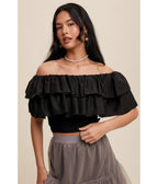 Black Tiered Ruffle Smocked Crop Top - Unique Vintage - Womens, TOPS, SHIRTS