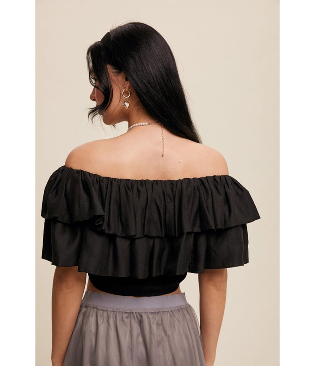 Black Tiered Ruffle Smocked Crop Top - Unique Vintage - Womens, TOPS, SHIRTS