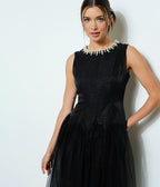Black Tulle & Pearl Collar Midi Dress - Unique Vintage - Womens, DRESSES, MIDI