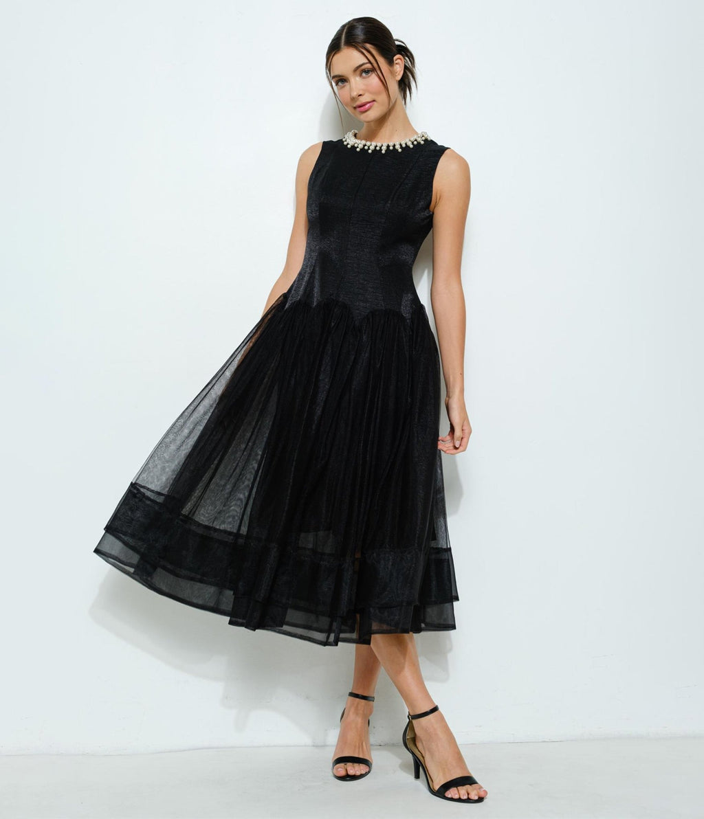 Black Tulle & Pearl Collar Midi Dress - Unique Vintage - Womens, DRESSES, MIDI