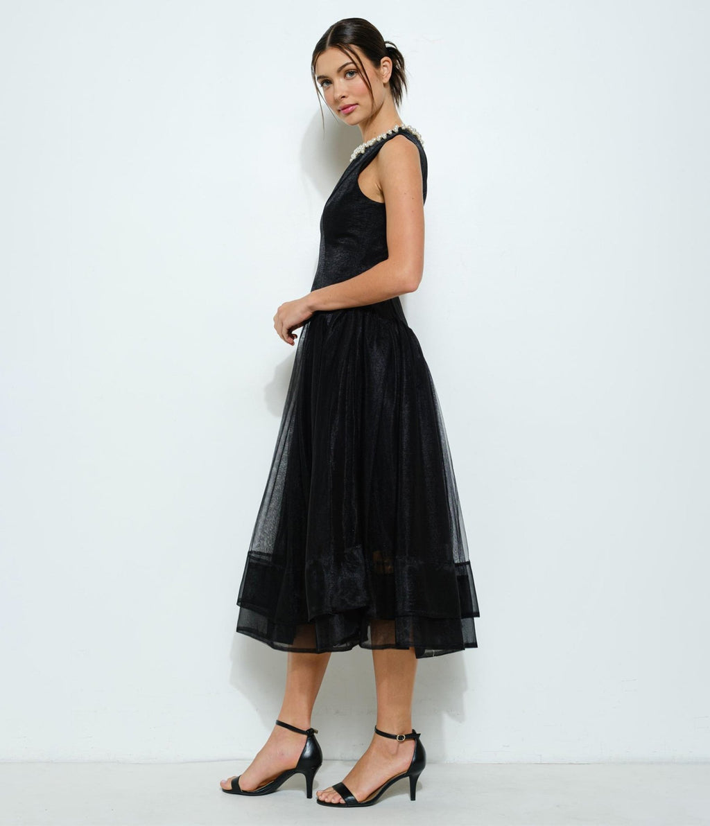 Black Tulle & Pearl Collar Midi Dress - Unique Vintage - Womens, DRESSES, MIDI