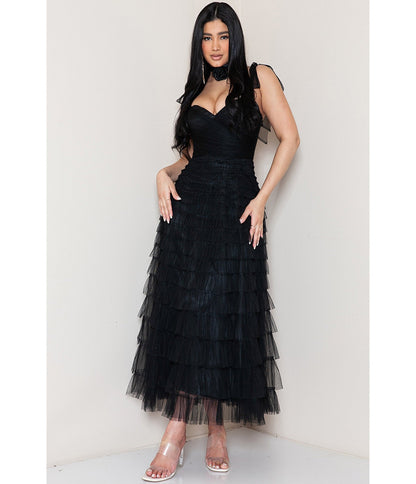 Black Tulle Tiered Midi Dress - Unique Vintage - Womens, DRESSES, MIDI