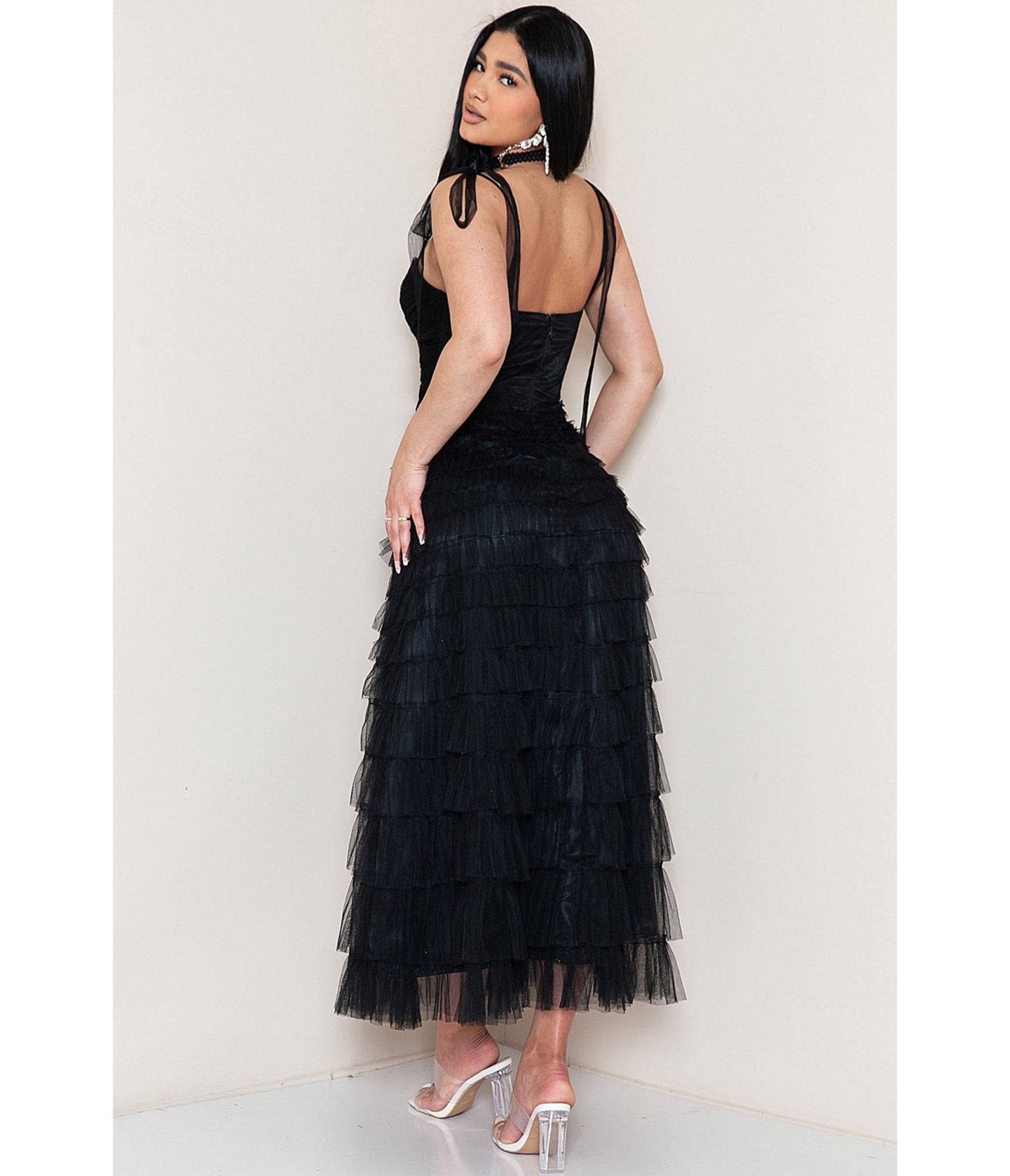 black ruffled tulle midi dress Arrabel Tiered Ruffle Tulle Maxi Dress Black