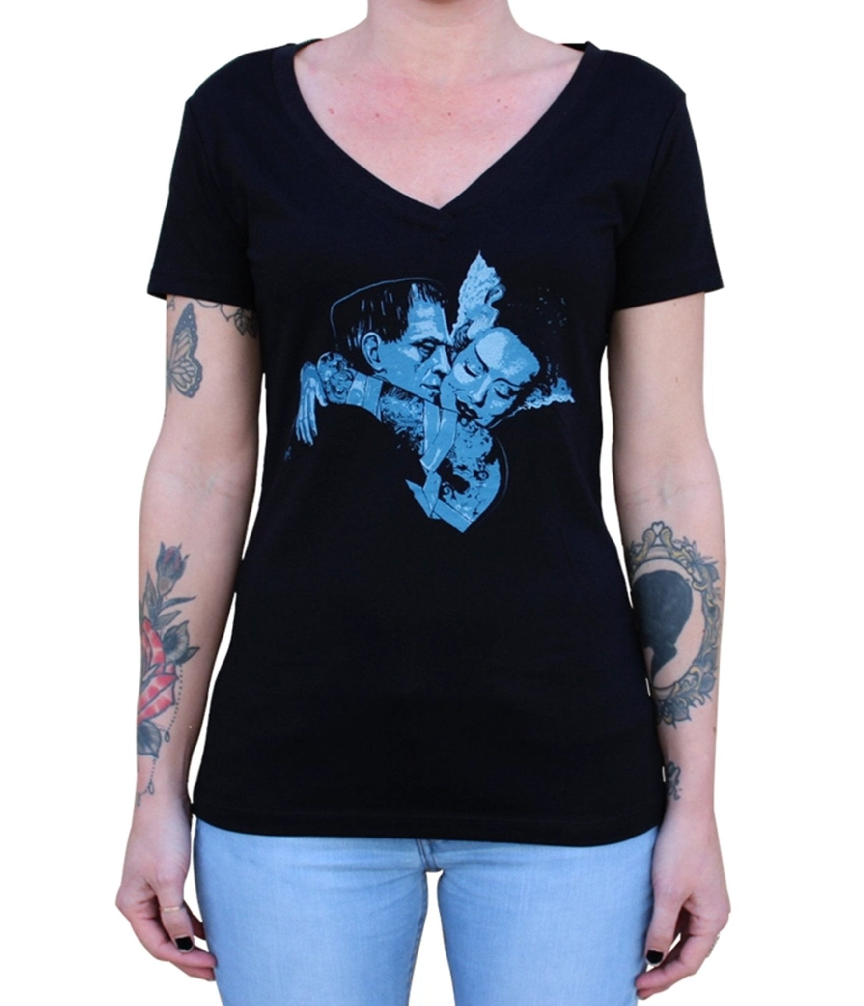 Black Undying Love Graphic Cotton V-Neck Tee - Unique Vintage - Womens, GRAPHIC TEES, TEES