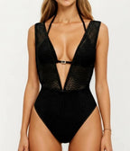Black V Neck Illusion One Piece Swimsuit - Unique Vintage - Womens, SWIM, 1 PC
