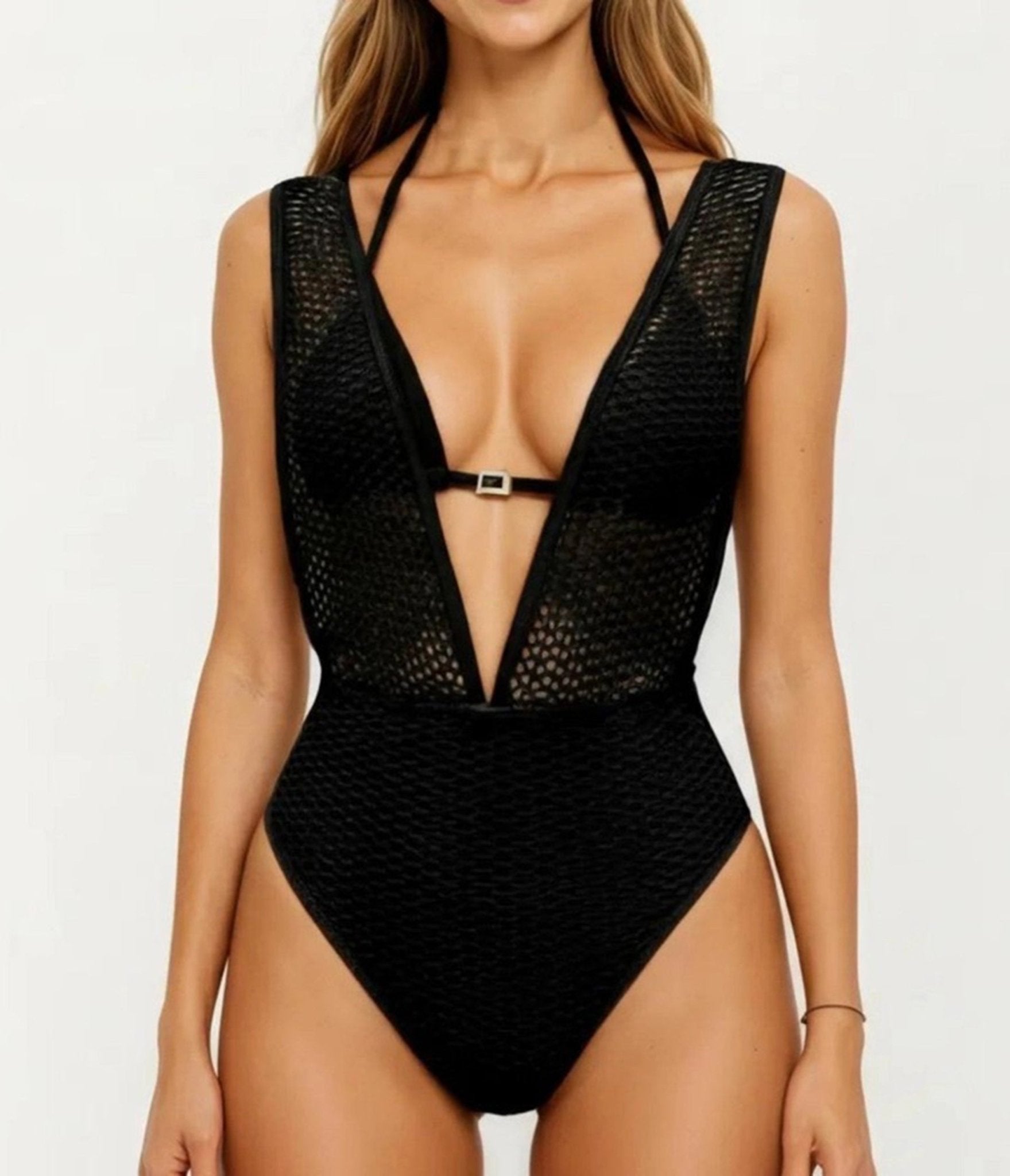 Black V Neck Illusion One Piece Swimsuit - Unique Vintage - Womens, SWIM, 1 PC