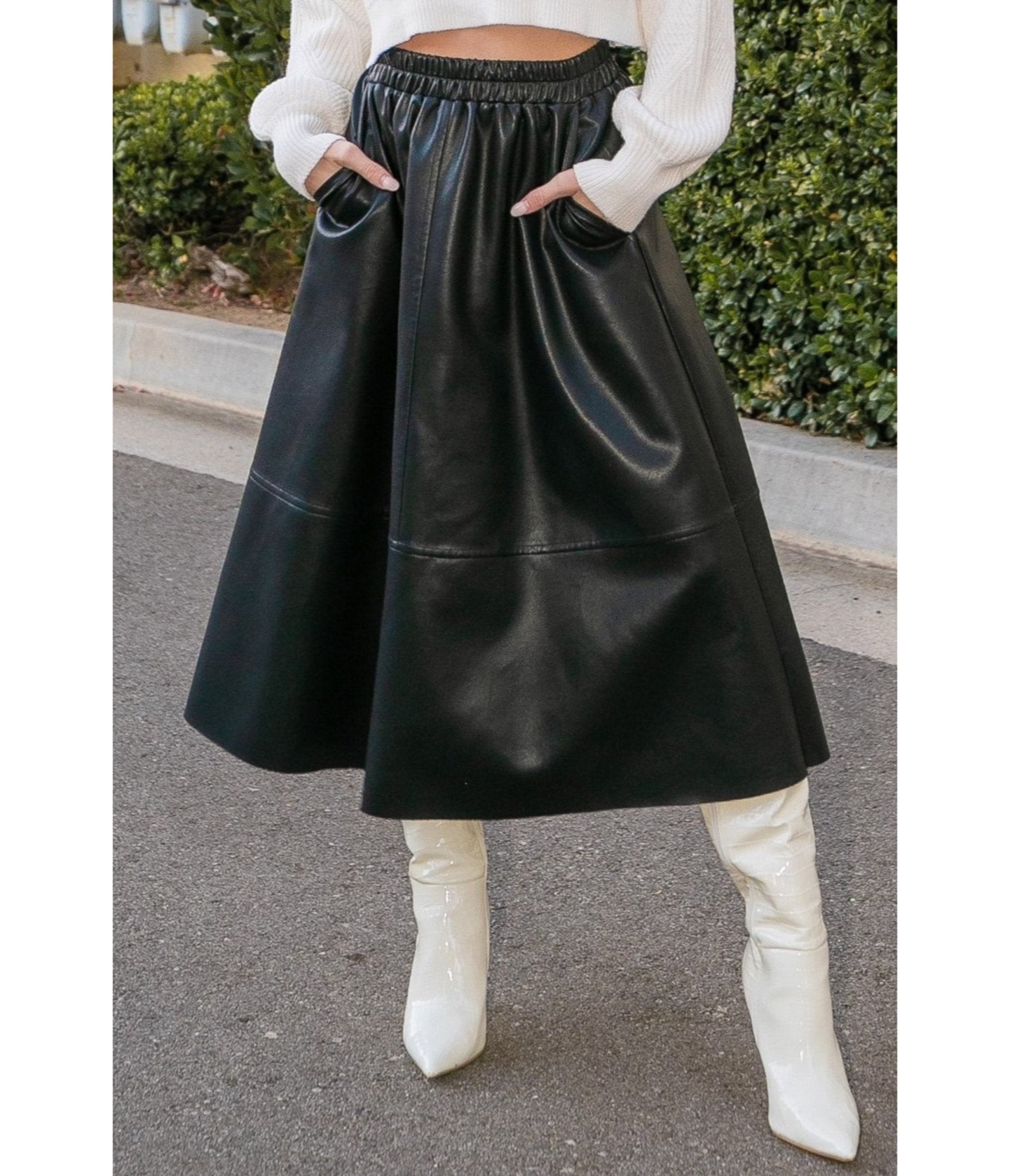 Black Vegan Leather Midi Skirt - Unique Vintage - Womens, BOTTOMS, SKIRTS