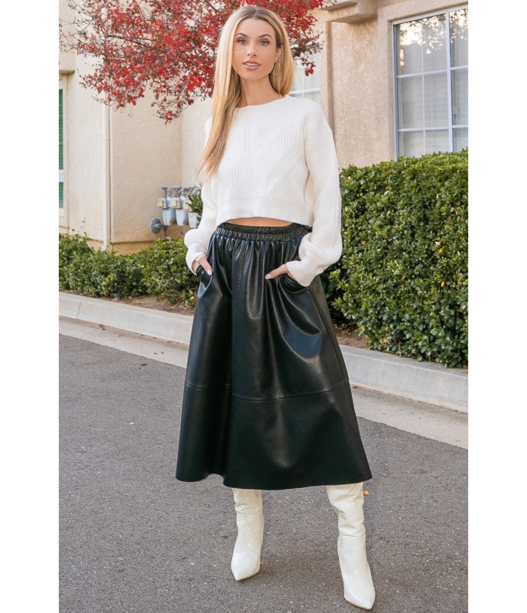 Black Vegan Leather Midi Skirt - Unique Vintage - Womens, BOTTOMS, SKIRTS