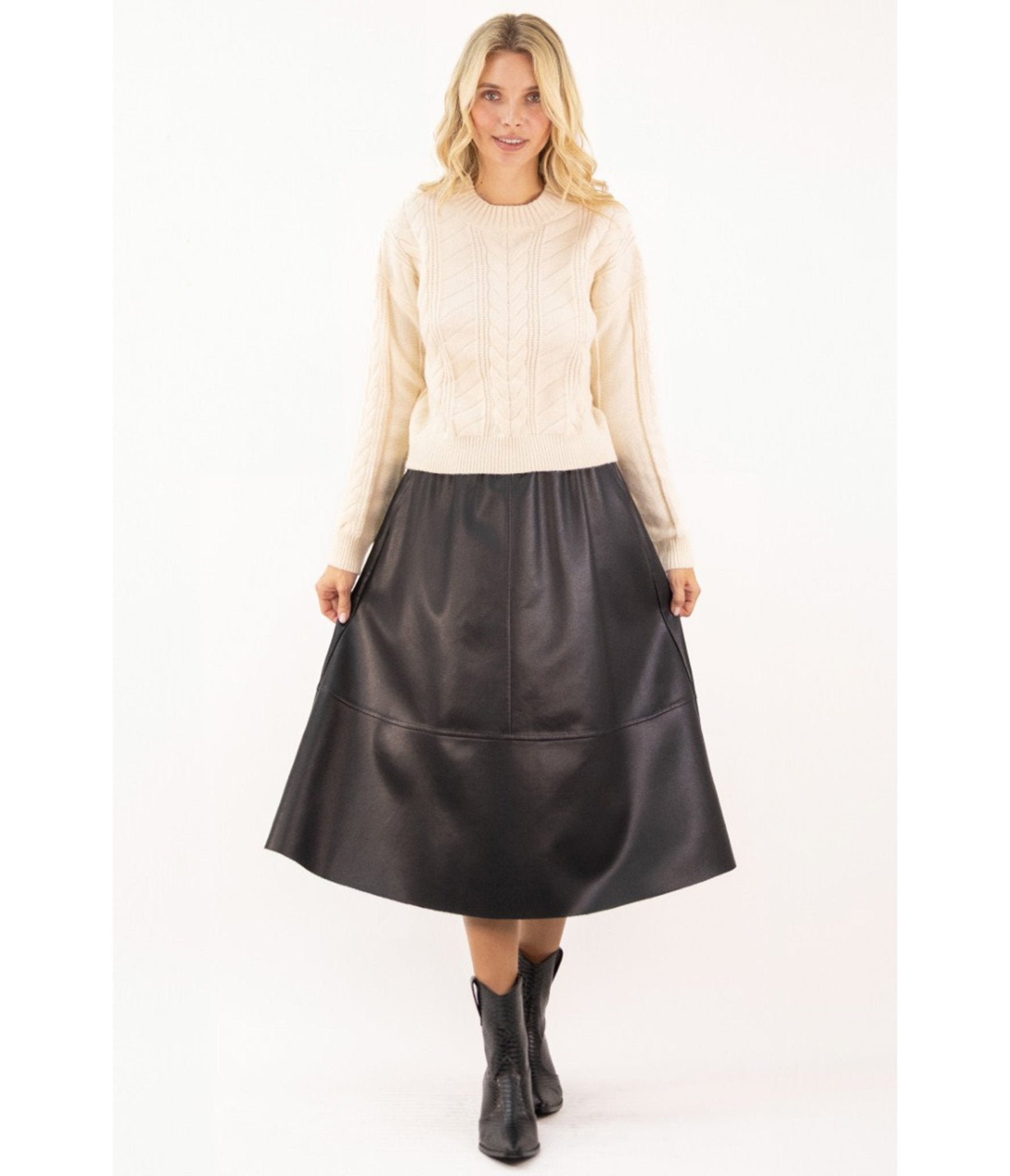 Black Vegan Leather Midi Skirt - Unique Vintage - Womens, BOTTOMS, SKIRTS