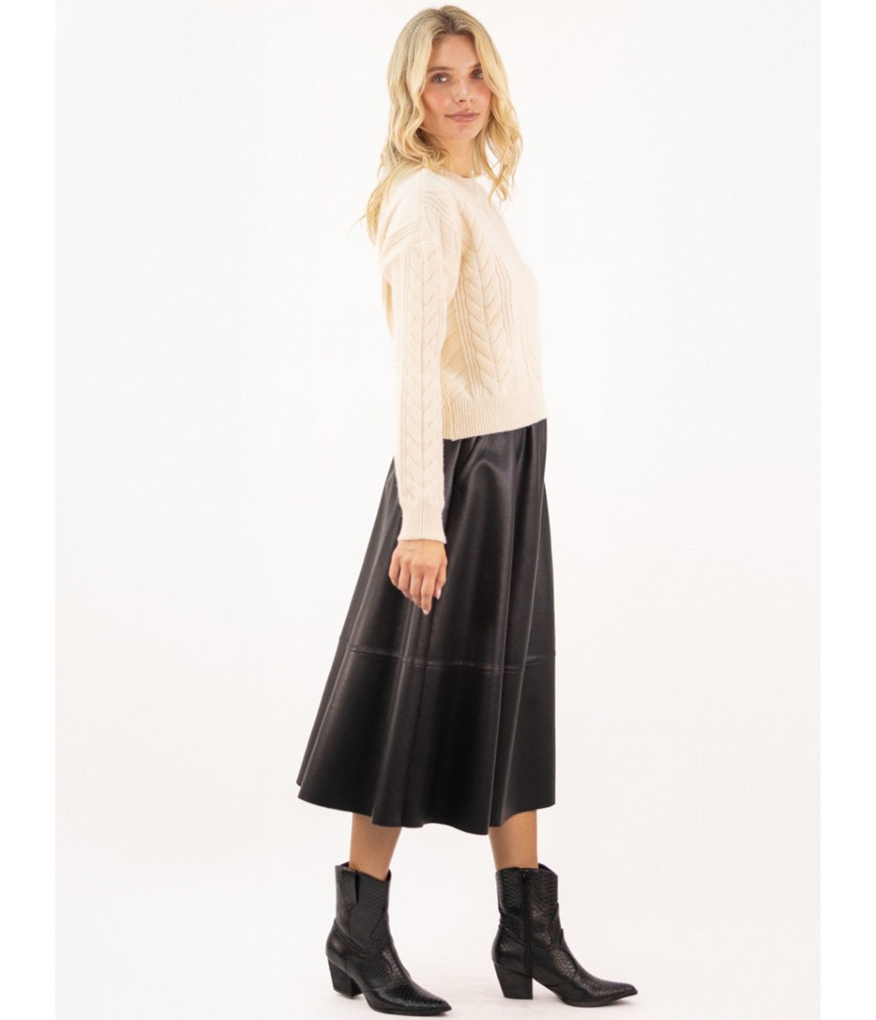 Black Vegan Leather Midi Skirt - Unique Vintage - Womens, BOTTOMS, SKIRTS