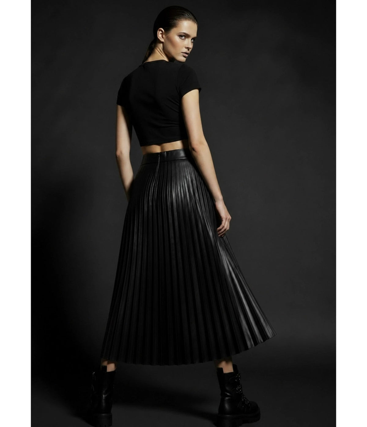 Black Vegan Leather Pleated Midi Skirt - Unique Vintage - Midi Skirts