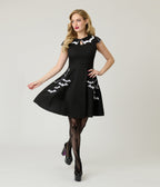 Black & White Bat Cotton Flare Dress - Unique Vintage - Womens, DRESSES, SWING