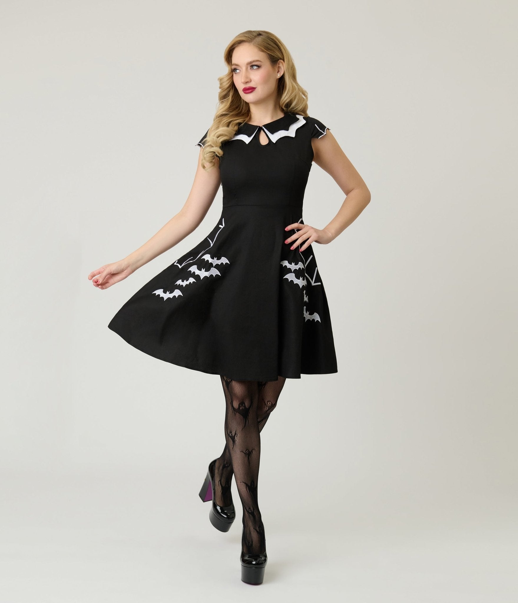 Black & White Bat Cotton Flare Dress - Unique Vintage - Womens, DRESSES, SWING