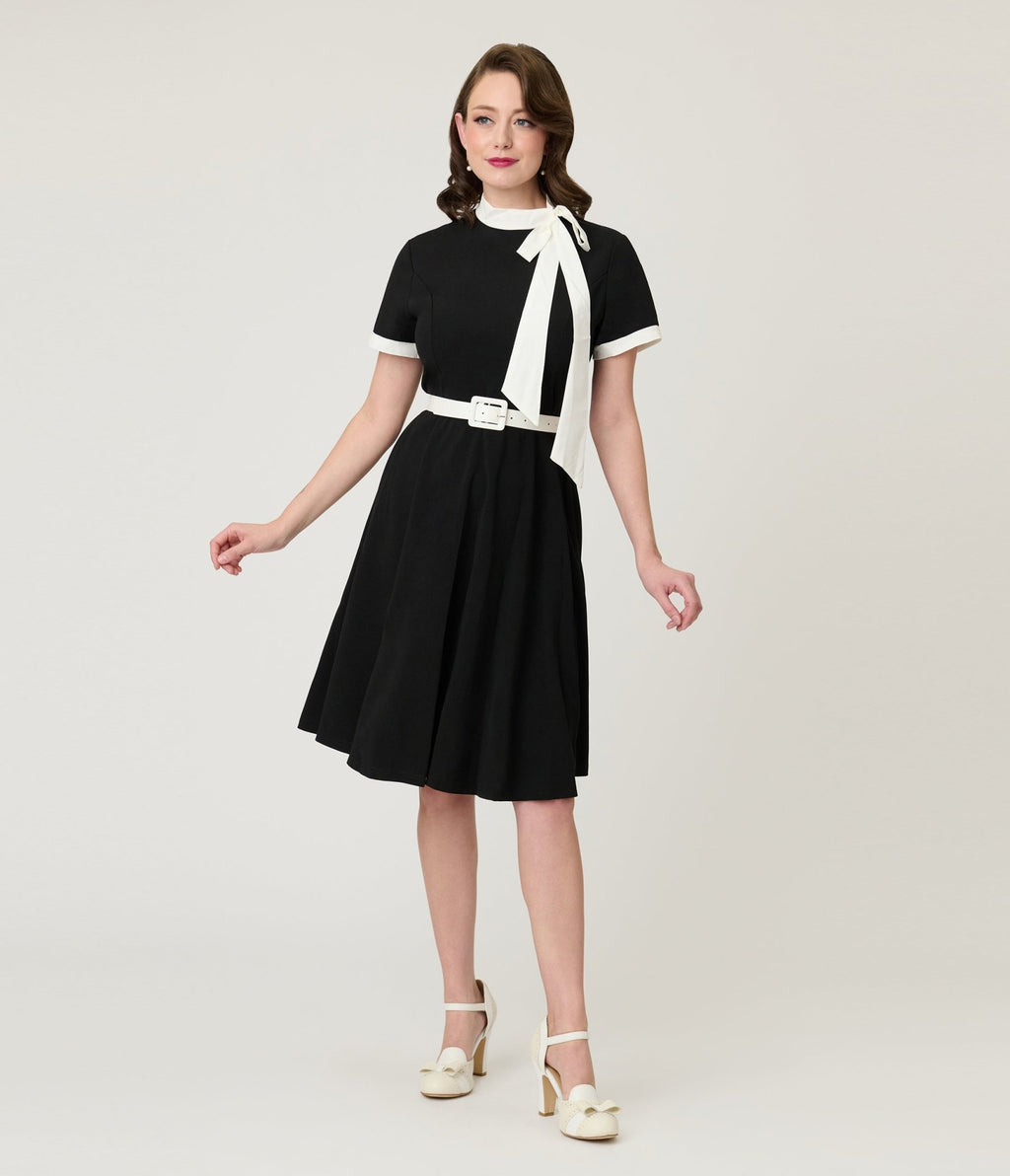 Black & White Bow Swing Dress - Unique Vintage - Womens, DRESSES, FIT AND FLARE