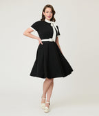 Black & White Bow Swing Dress - Unique Vintage - Womens, DRESSES, FIT AND FLARE