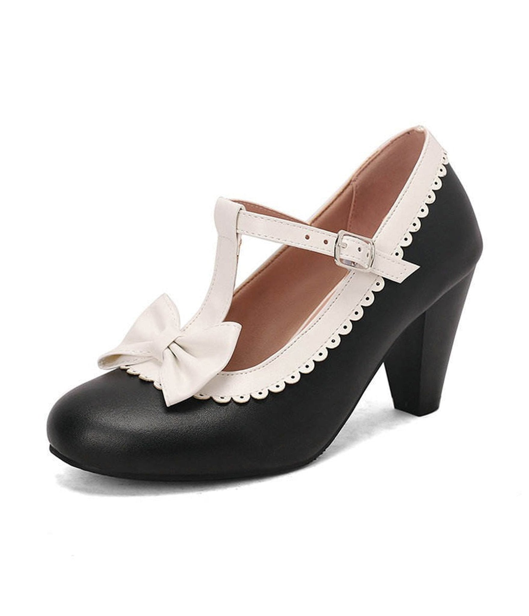 Black & White Bow T - Strap Heels - Unique Vintage - Womens, SHOES, HEELS