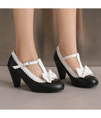 Black & White Bow T - Strap Heels - Unique Vintage - Womens, SHOES, HEELS
