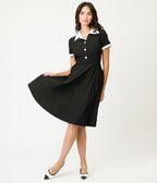 Black & White Collared Cotton Swing Dress - Unique Vintage - Womens, DRESSES, SWING