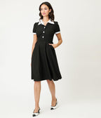 Black & White Collared Cotton Swing Dress - Unique Vintage - Womens, DRESSES, SWING