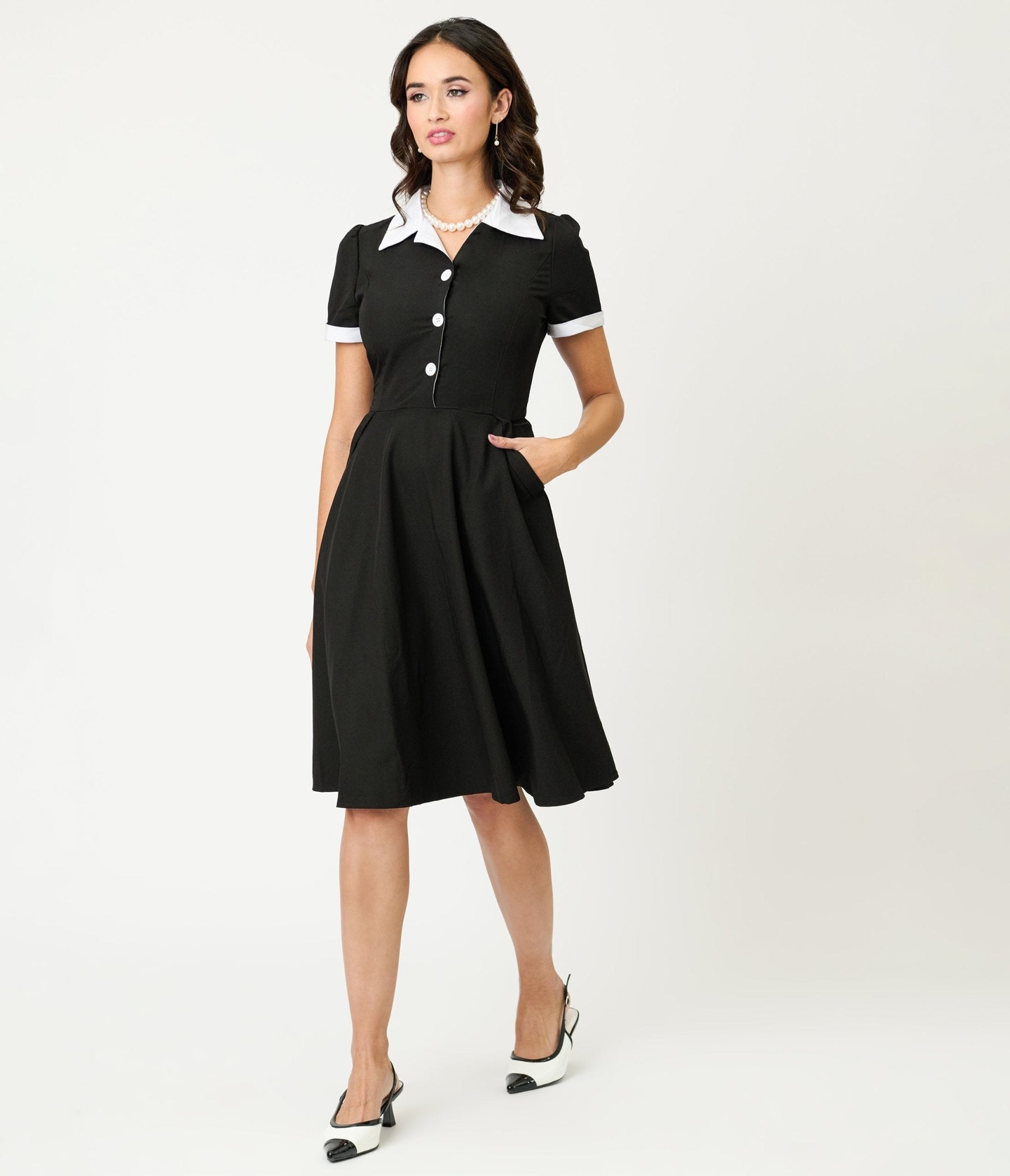 Black & White Collared Cotton Swing Dress - Unique Vintage - Womens, DRESSES, SWING