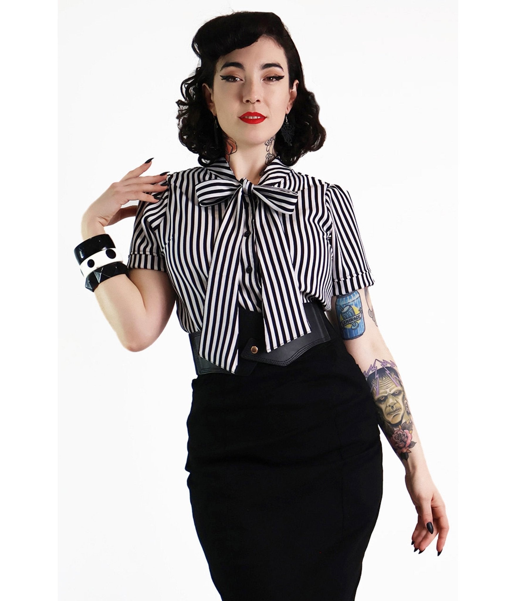 Black & White Cotton Bow Blouse - Unique Vintage - Womens, TOPS, WOVEN TOPS