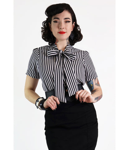 Black & White Cotton Bow Blouse - Unique Vintage - Womens, TOPS, WOVEN TOPS