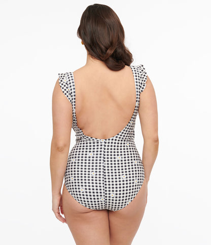 Black & White Daisy Gingham Wrap One Piece Swimsuit - Unique Vintage - Womens, SWIM, 1 PC