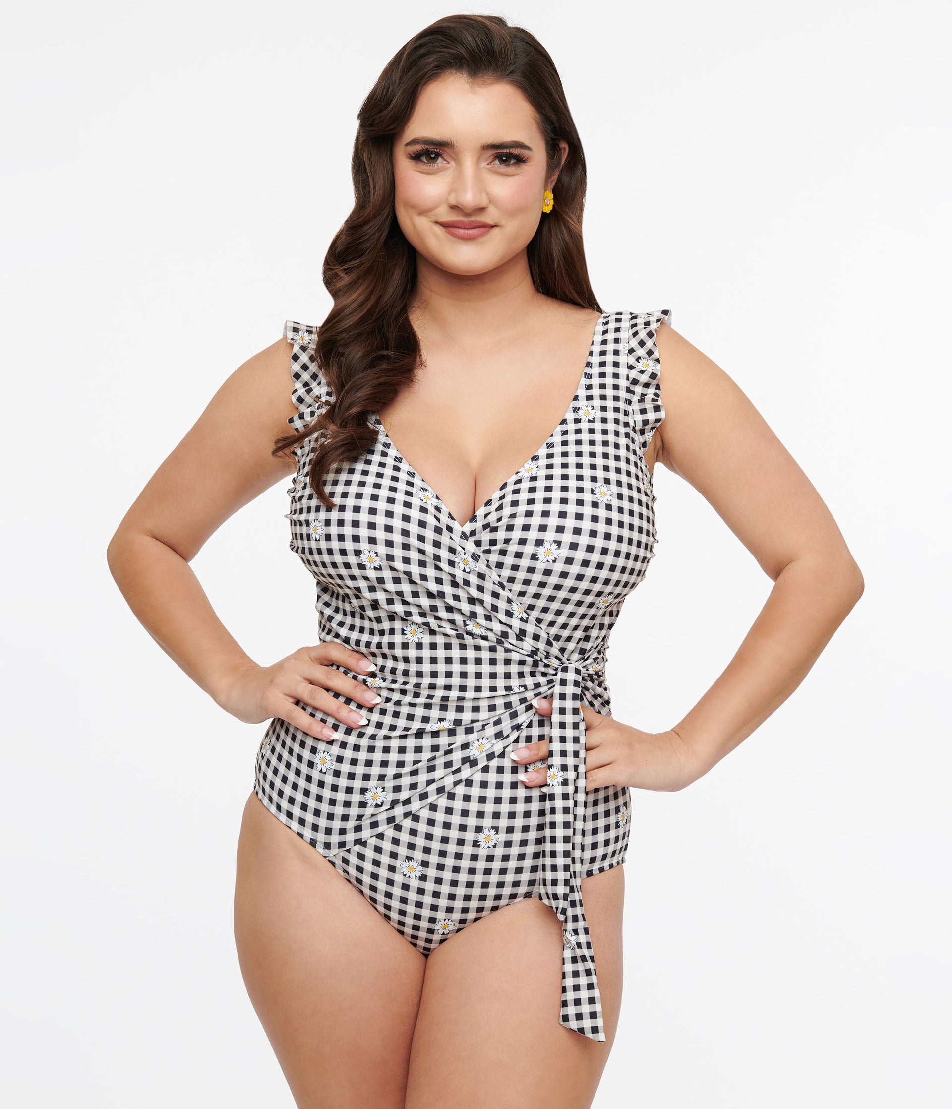 Black & White Daisy Gingham Wrap One Piece Swimsuit - Unique Vintage - Womens, SWIM, 1 PC