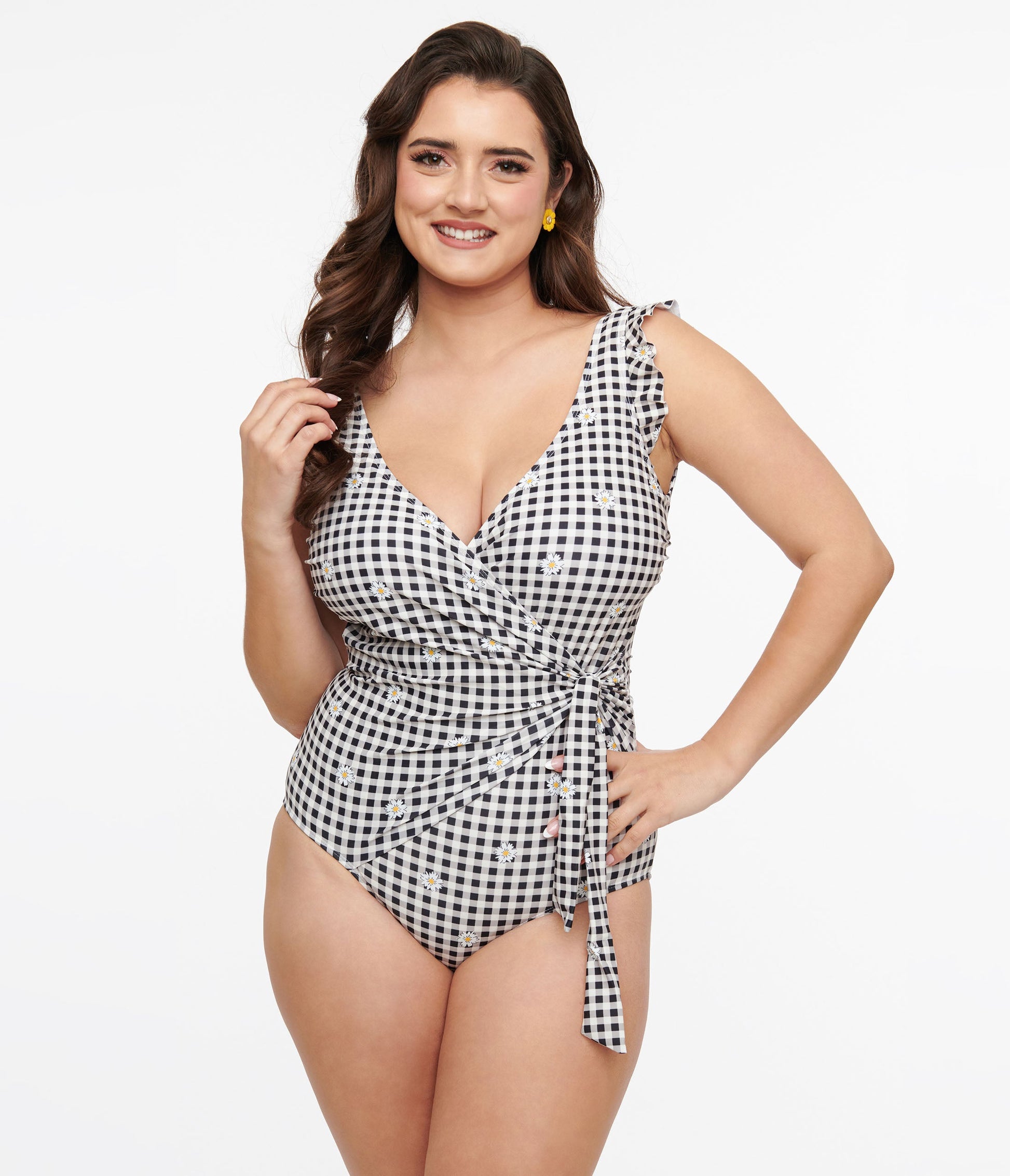 Black & White Daisy Gingham Wrap One Piece Swimsuit - Unique Vintage - Womens, SWIM, 1 PC