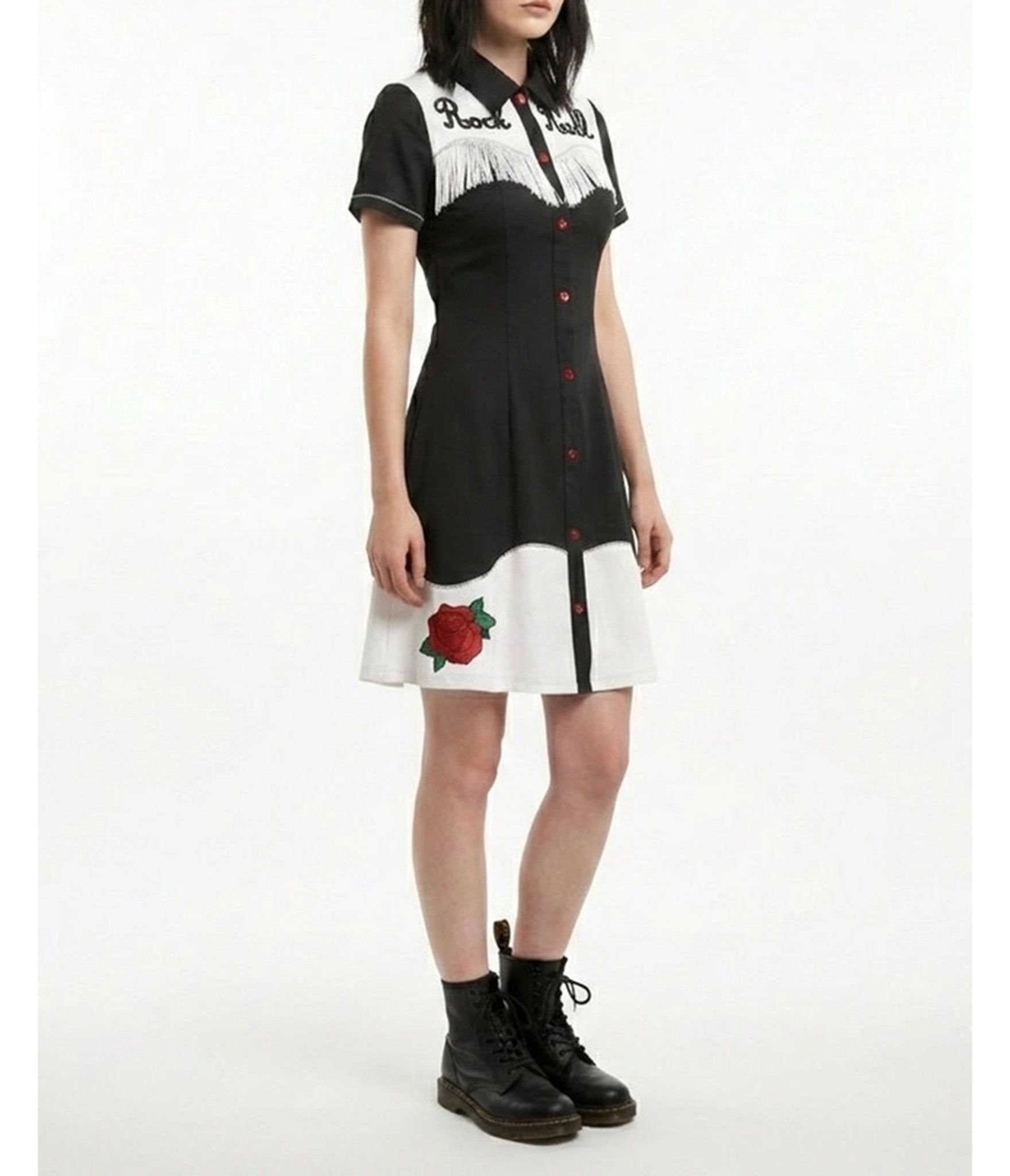Black & White Embroidered Fringe Shirt Dress - Unique Vintage - Womens, DRESSES, MIDI