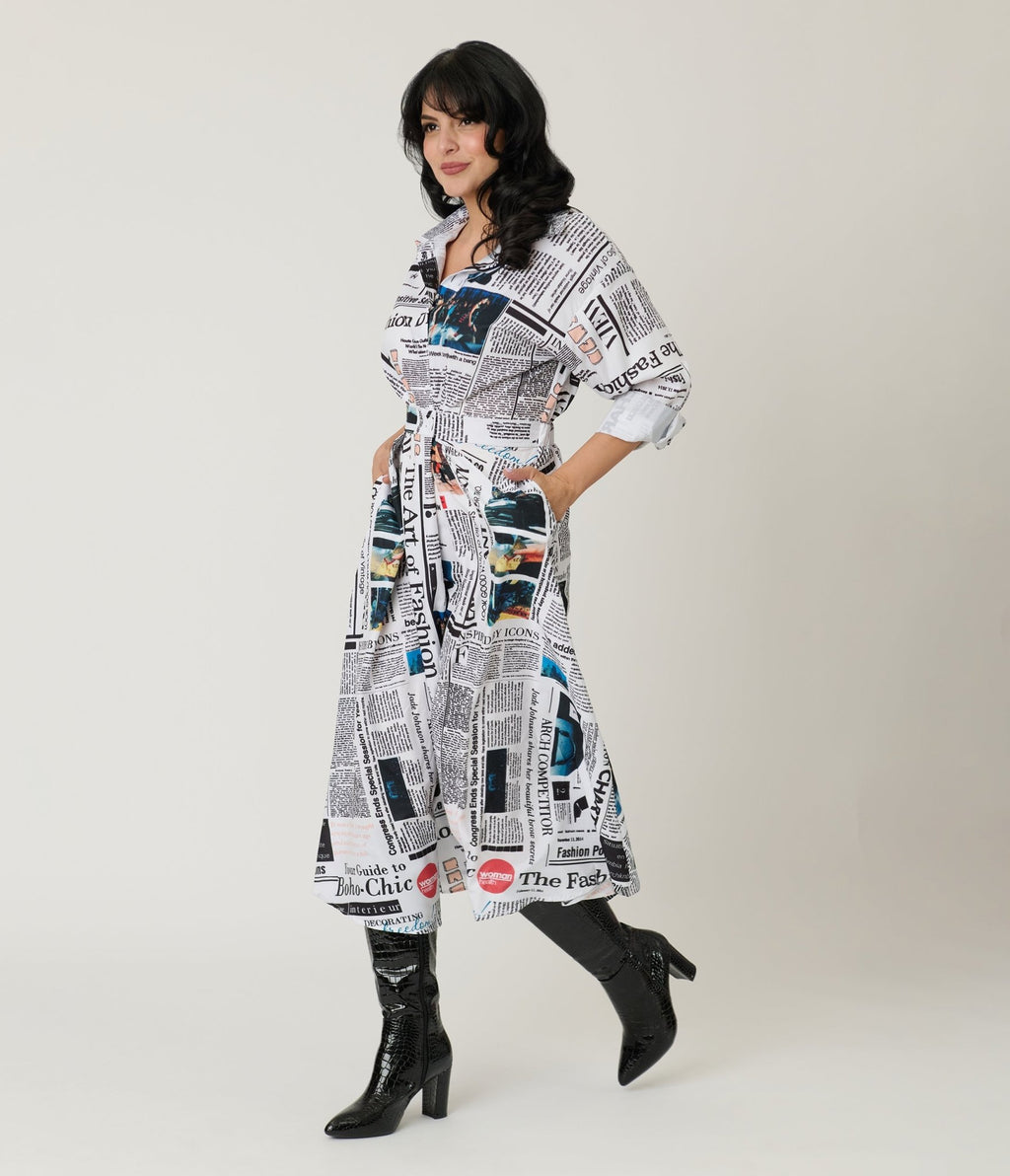 Black & White Fashion Magazine Print Midi Dress - Unique Vintage - Womens, DRESSES, MIDI