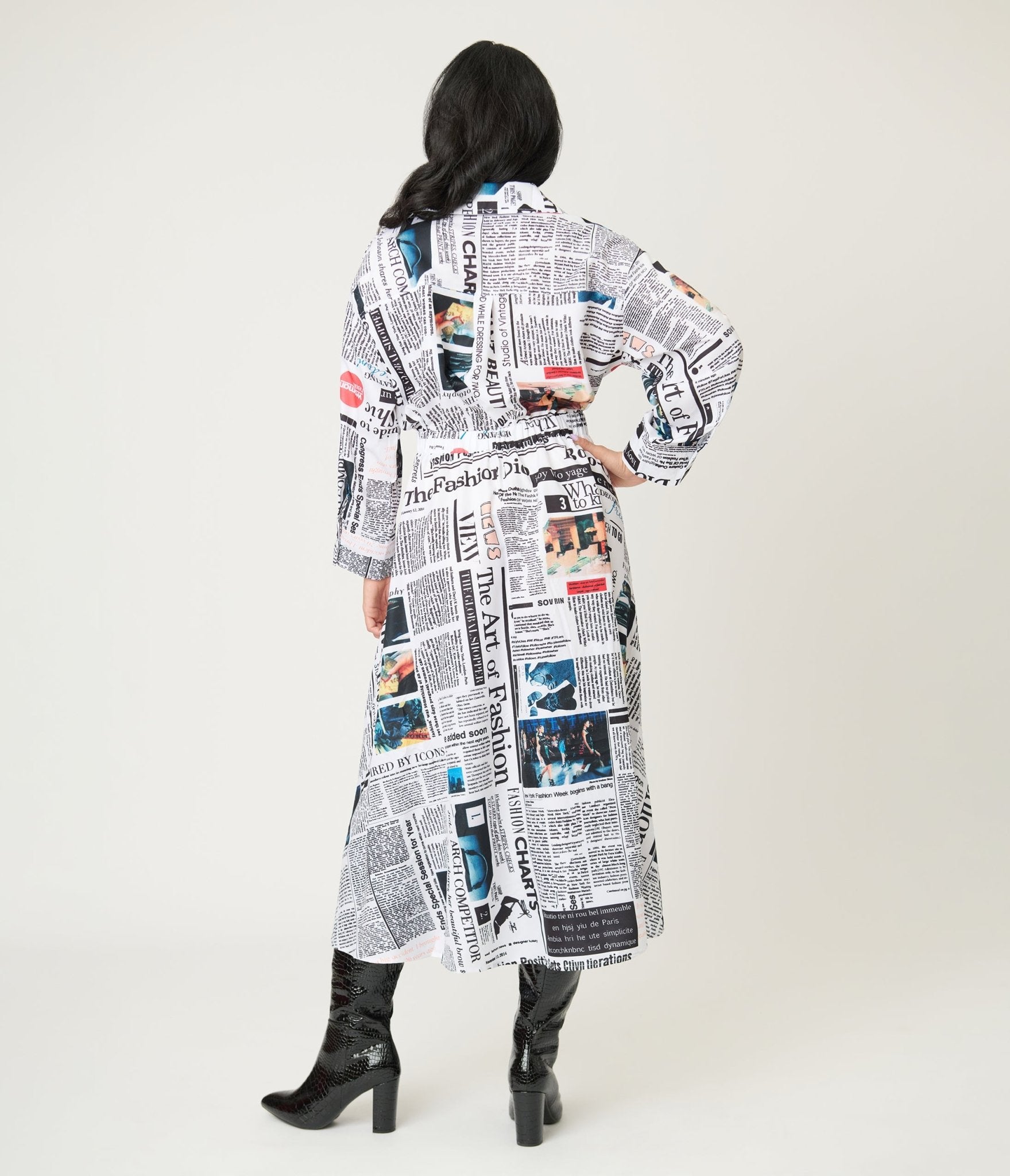 Black & White Fashion Magazine Print Midi Dress - Unique Vintage - Womens, DRESSES, MIDI