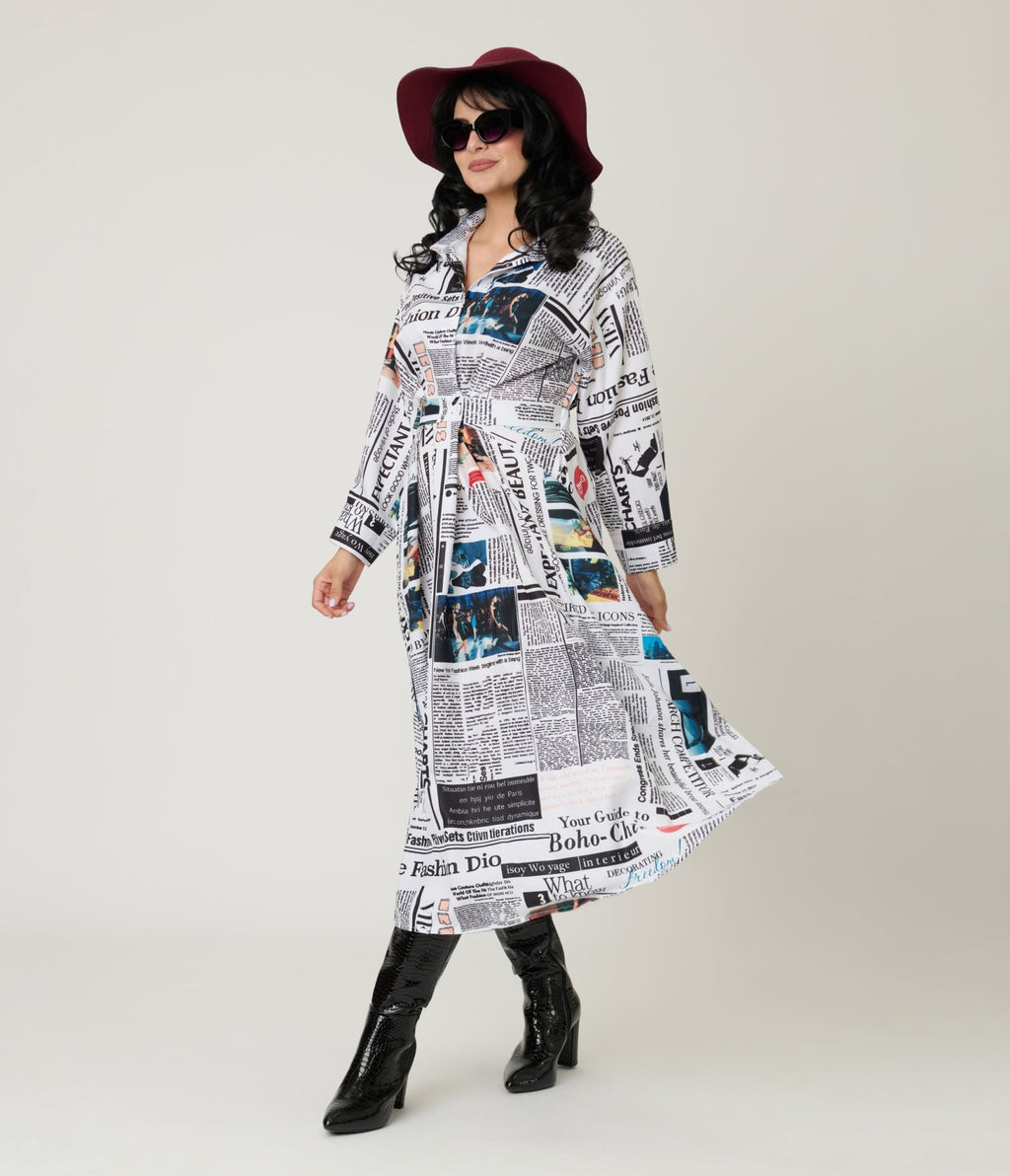 Black & White Fashion Magazine Print Midi Dress - Unique Vintage - Womens, DRESSES, MIDI
