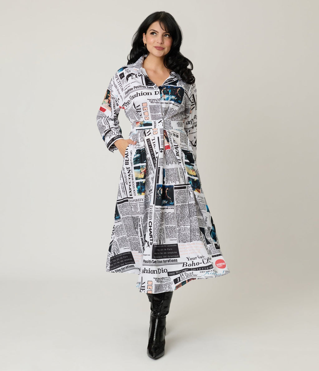 Black & White Fashion Magazine Print Midi Dress - Unique Vintage - Womens, DRESSES, MIDI