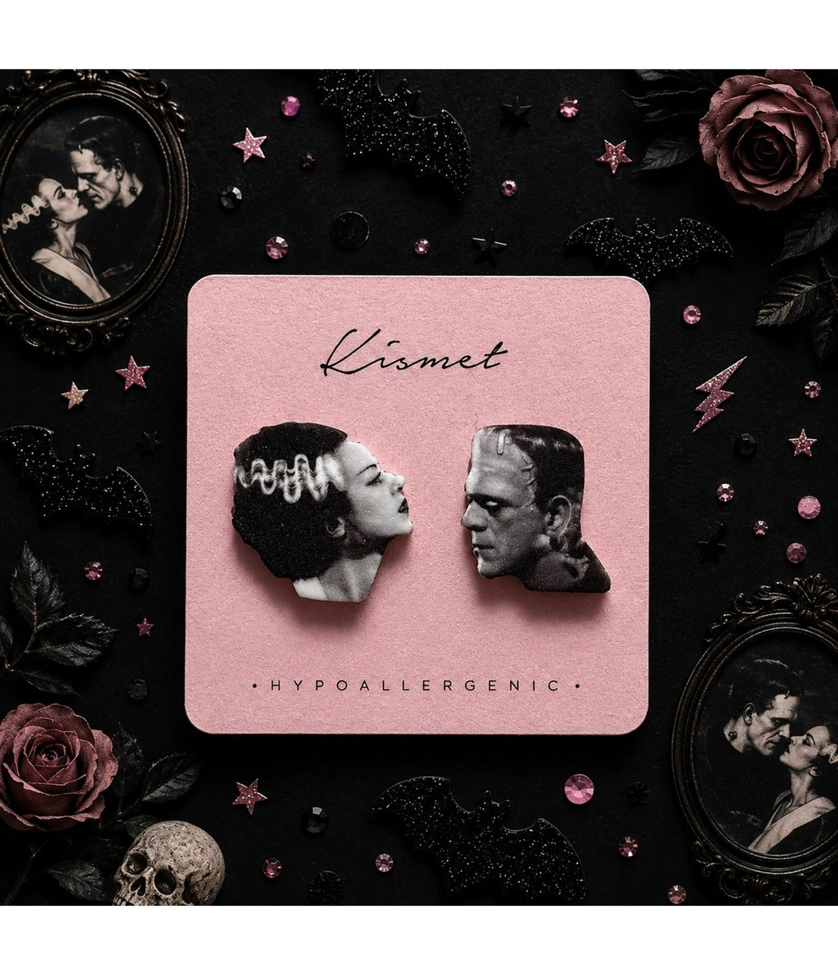 Black & White Frankenstein Couple Stud Earrings - Unique Vintage - Earrings