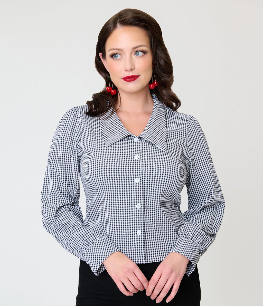 Black & White Gingham 1940s Collared Blouse - Unique Vintage - Womens, TOPS, SHIRTS
