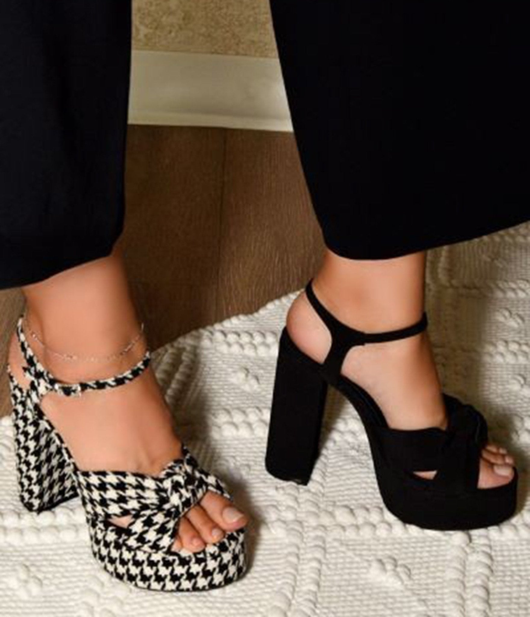 Black & White Houndstooth Platform Heels - Unique Vintage - Womens, SHOES, HEELS
