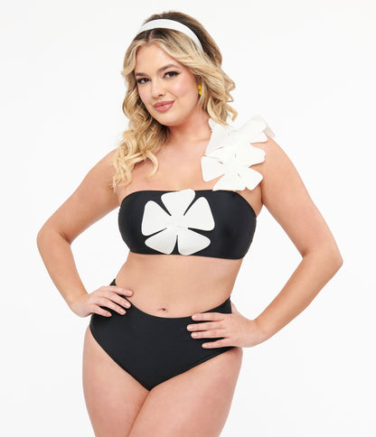 Black & White One Shoulder Flower Two Piece Swim Set - Unique Vintage - Womens, SWIM, 1 PC