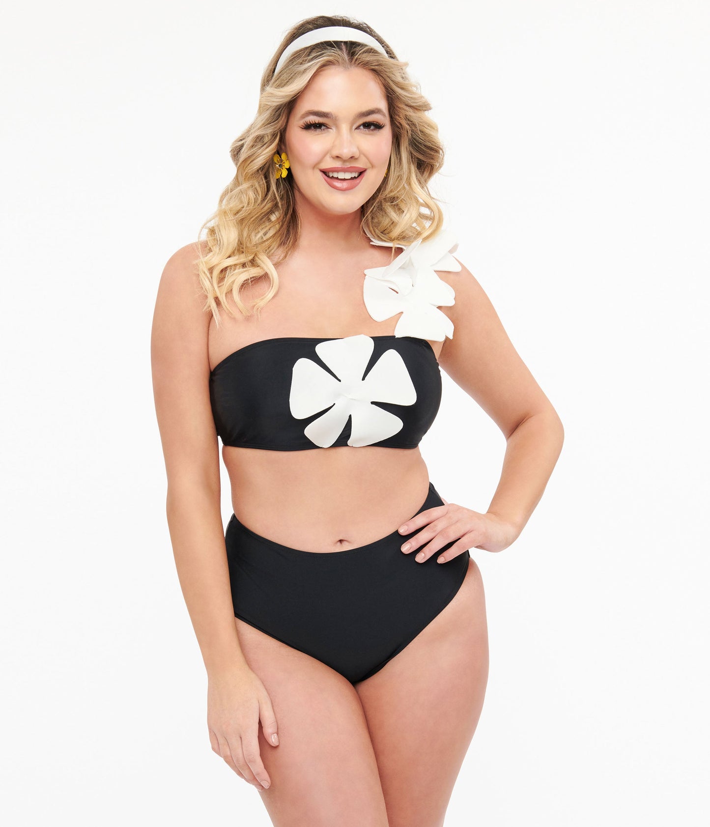 Black & White One Shoulder Flower Two Piece Swim Set - Unique Vintage - Womens, SWIM, 1 PC