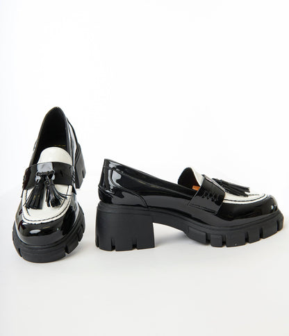 Black & White Patent Leatherette Oxford Shoes - Unique Vintage - Womens, SHOES, OXFORDS