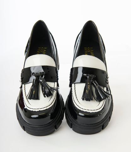 Black & White Patent Leatherette Oxford Shoes - Unique Vintage - Womens, SHOES, OXFORDS