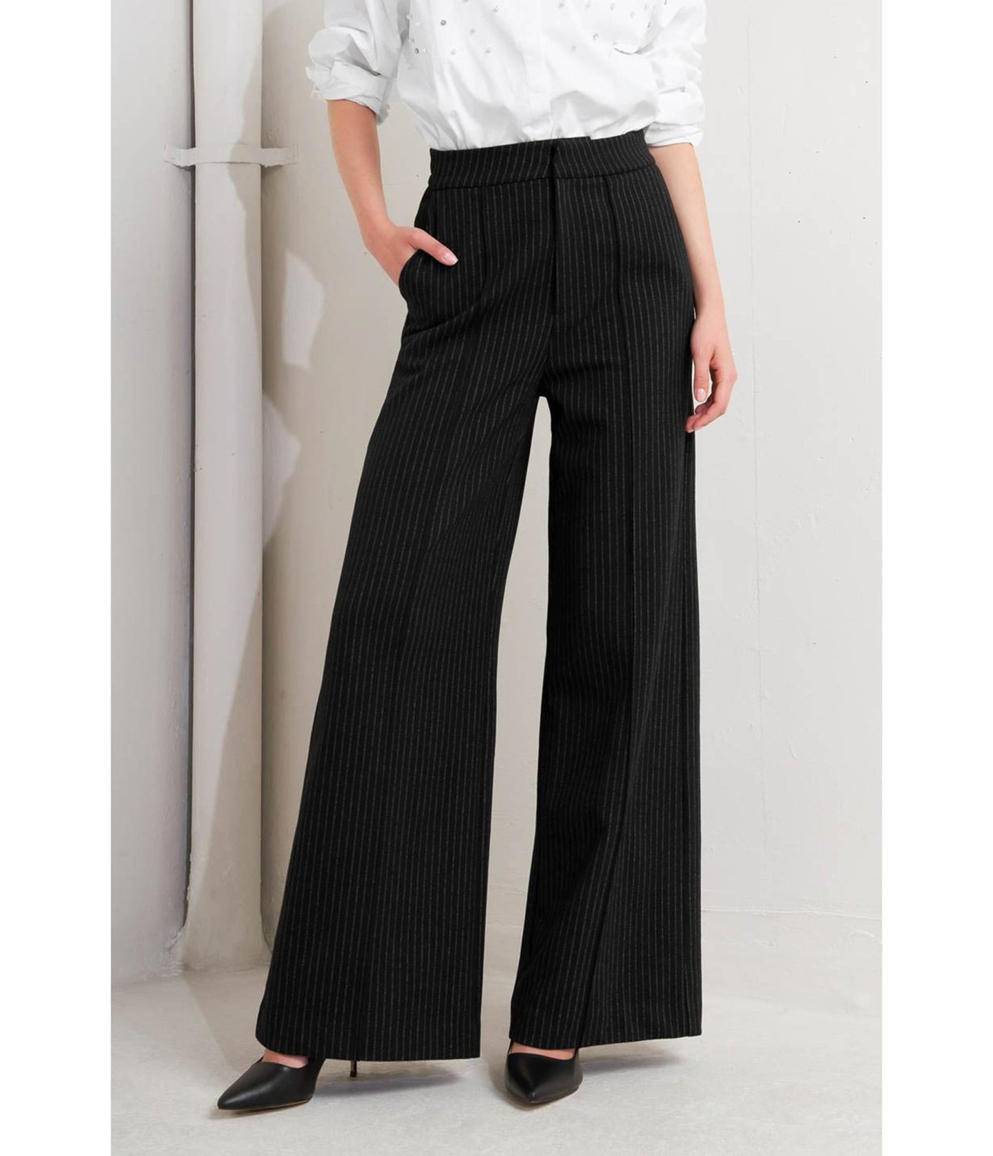 Black & White Pinstripe Pants - Unique Vintage - Womens, BOTTOMS, PANTS