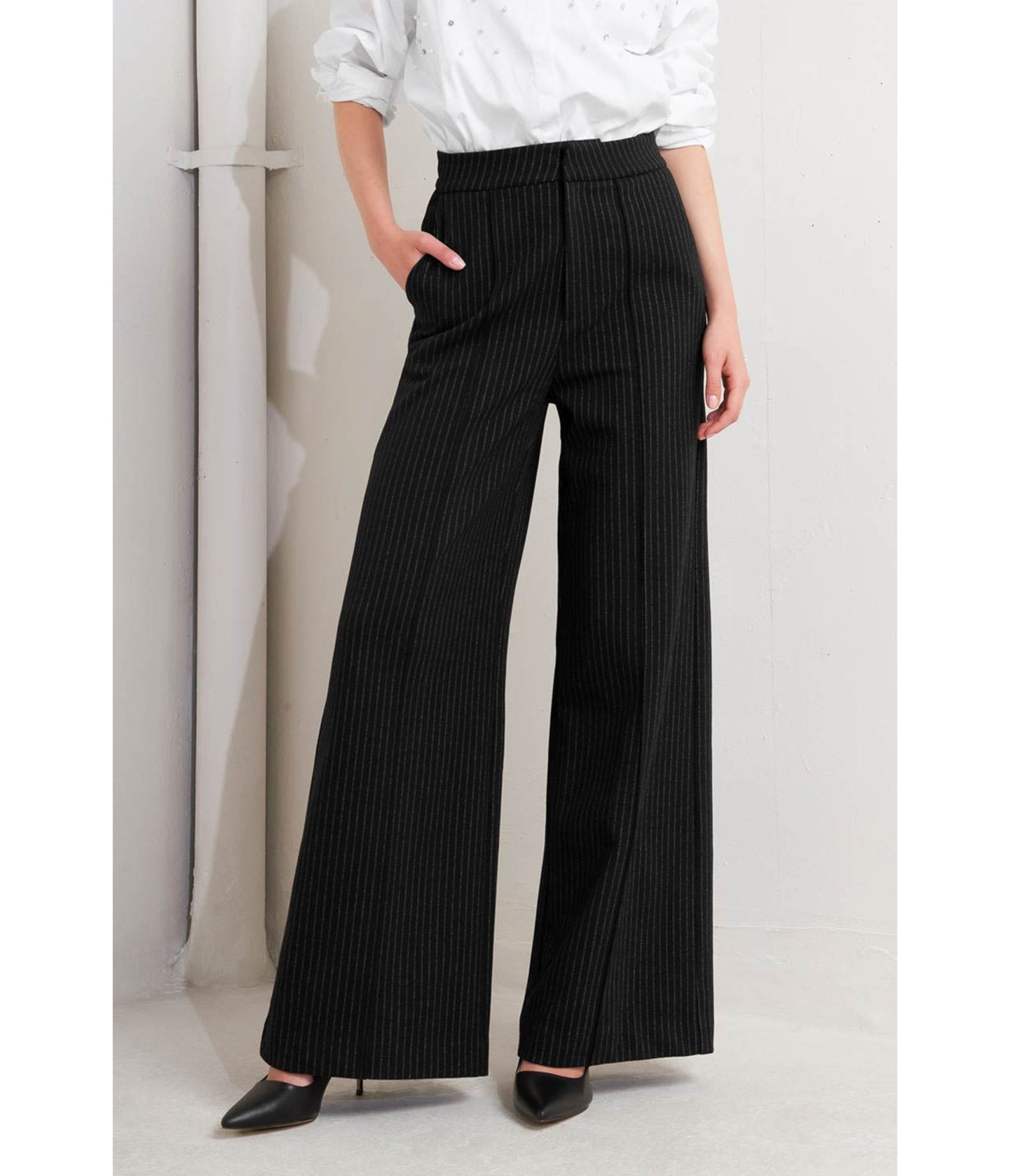 Black & White Pinstripe Pants - Unique Vintage - Womens, BOTTOMS, PANTS