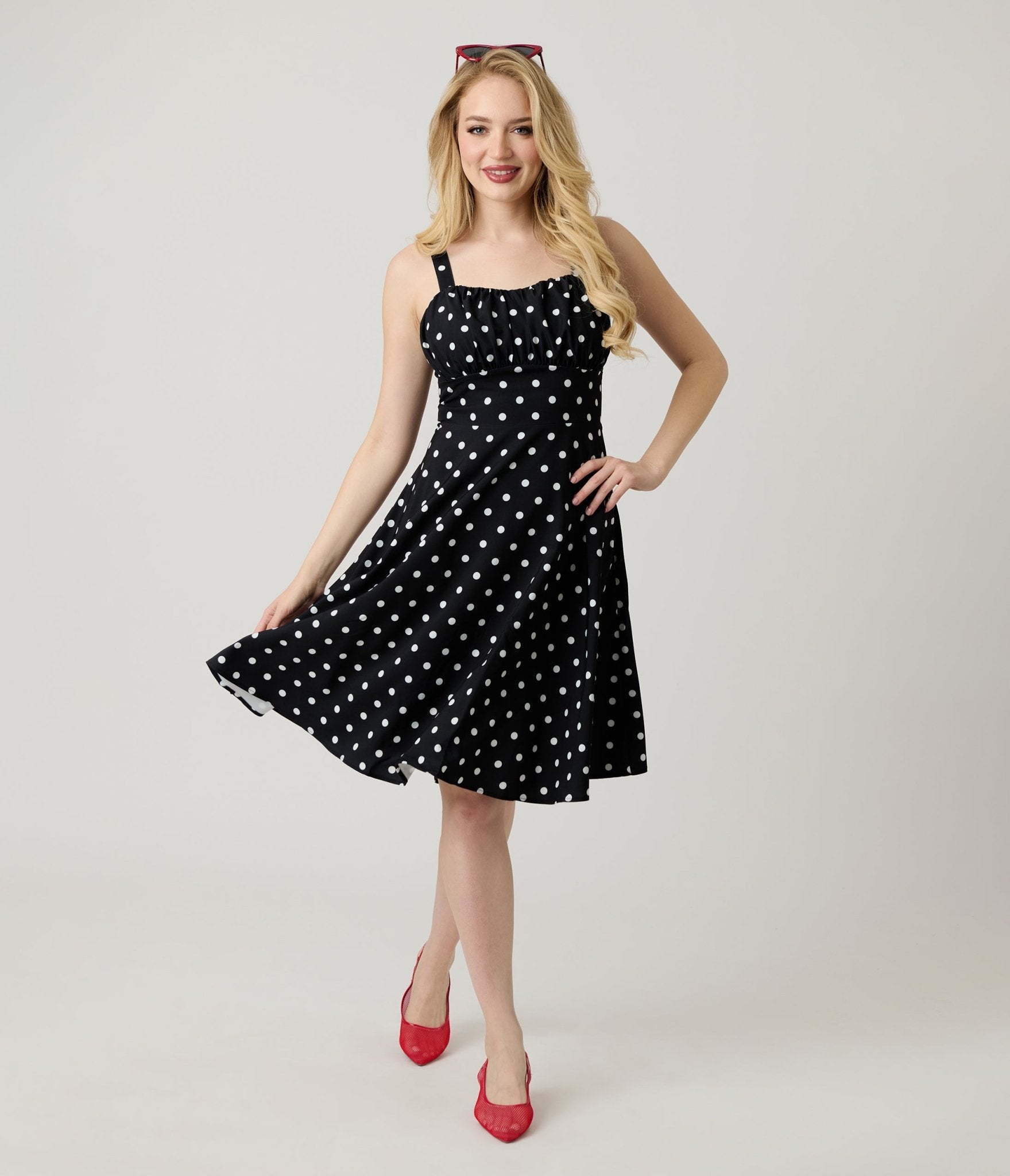 Black & White Polka Dot Sleeveless Fit & Flare Dress - Unique Vintage - Womens, DRESSES, FIT AND FLARE