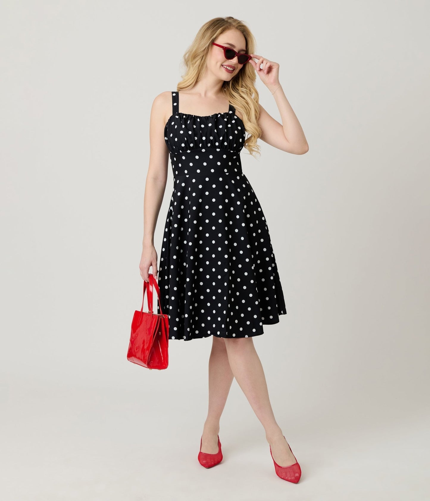 Black & White Polka Dot Sleeveless Fit & Flare Dress - Unique Vintage - Womens, DRESSES, FIT AND FLARE