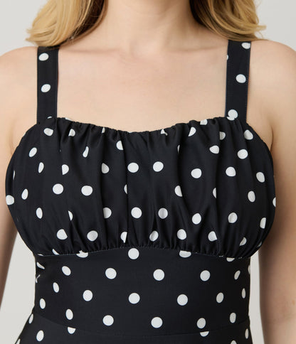 Black & White Polka Dot Sleeveless Fit & Flare Dress - Unique Vintage - Womens, DRESSES, FIT AND FLARE