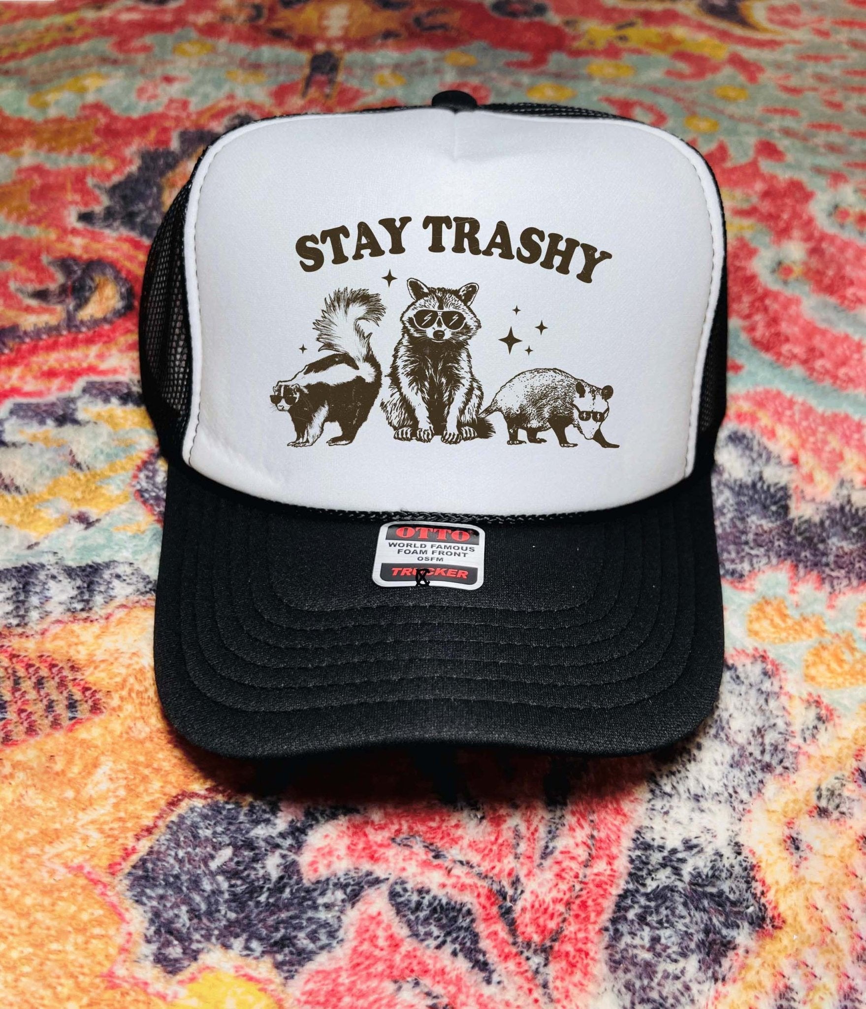 Black & White Stay Trashy Trucker Hat - Unique Vintage - Womens, ACCESSORIES, HATS