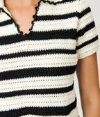 Black & White Stripe Crochet Blouse - Unique Vintage - Womens, TOPS, KNIT TOPS