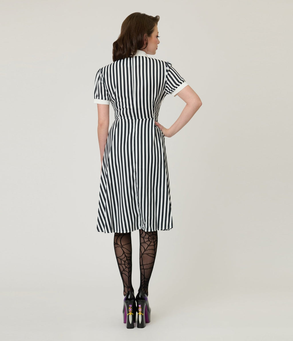 Black & White Stripe Fit & Flare Dress - Unique Vintage - Womens, DRESSES, FIT AND FLARE